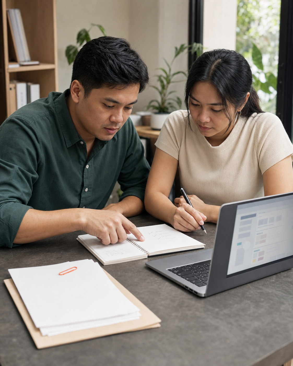 Two colleagues preparing for a focused business discussion at a worktable.