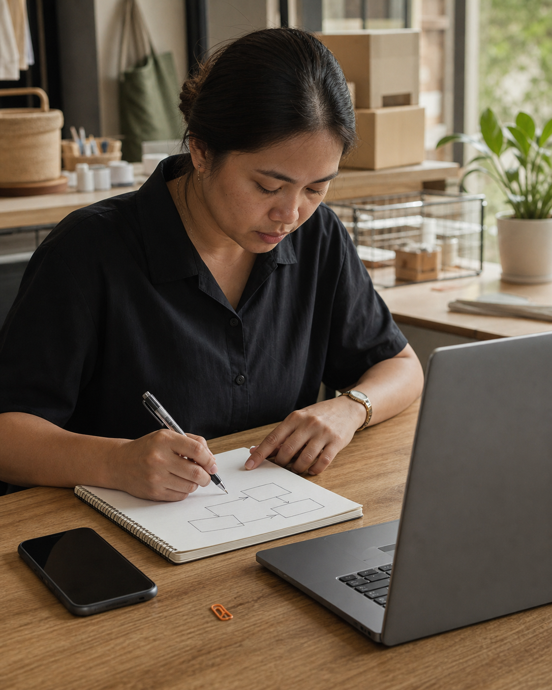 A woman sketching a workflow diagram beside a laptop.